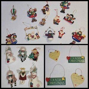 Christmas Ornaments Group of 26 Wood Fabric Ceramic Colorful Variety
